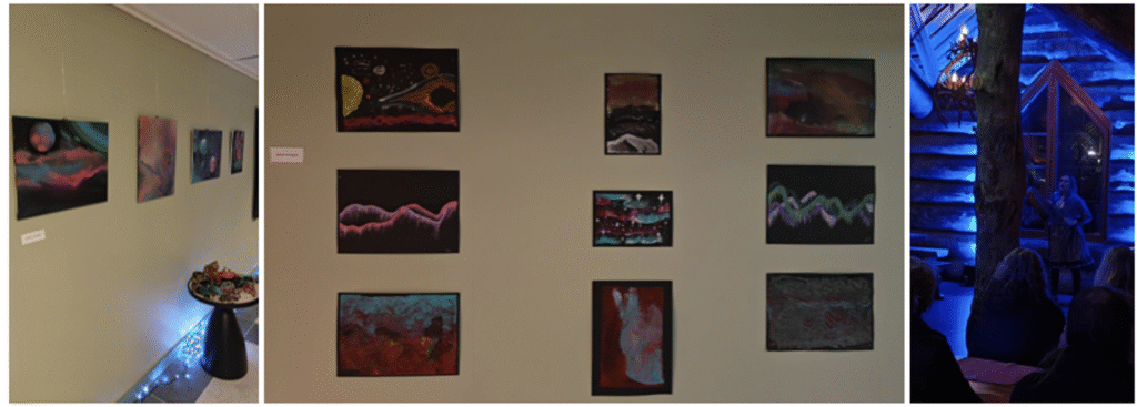 Depictions of the night sky and nightscapes by Lapland school children (left), Sámi Joik performance (right).